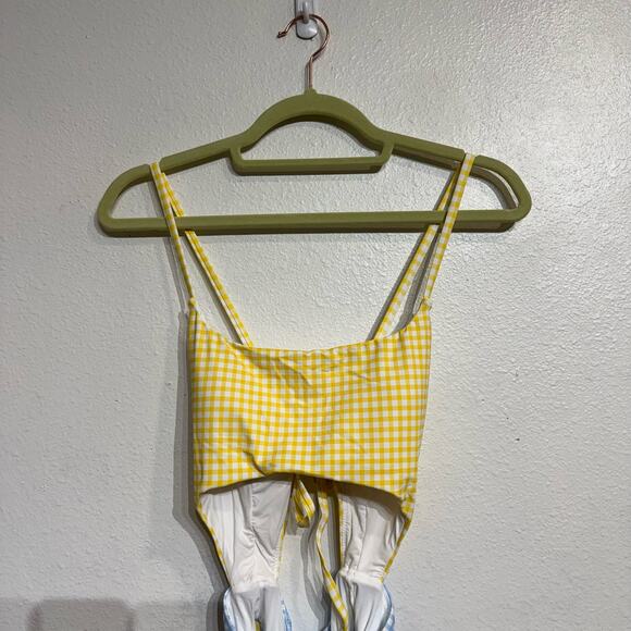 Aqua Swim Yellow Checkered Color Blocked Cut Out One Piece Swimsuit Sz S NWT - Picture 3 of 12